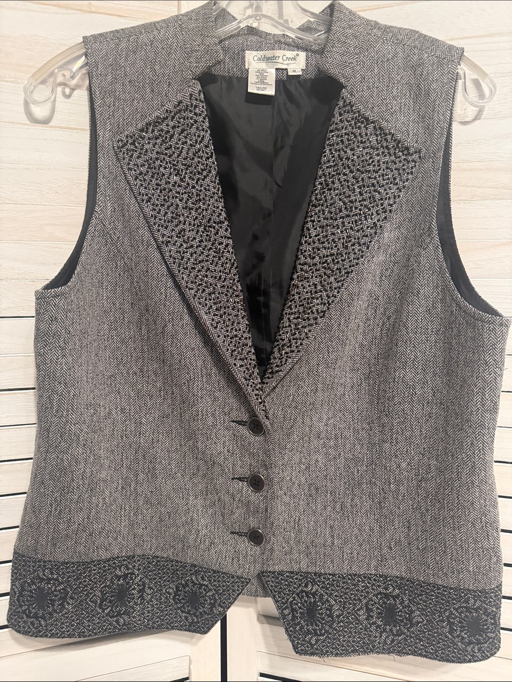 Coldwater Creek Gray Herringbone Patterned Vest with Beaded Lapel Size Medium
